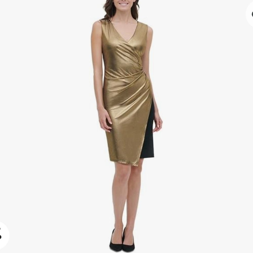 Tommy Hilfiger Womens Gold Shimmer Sheath Wrap Dress Size 14 NWOT